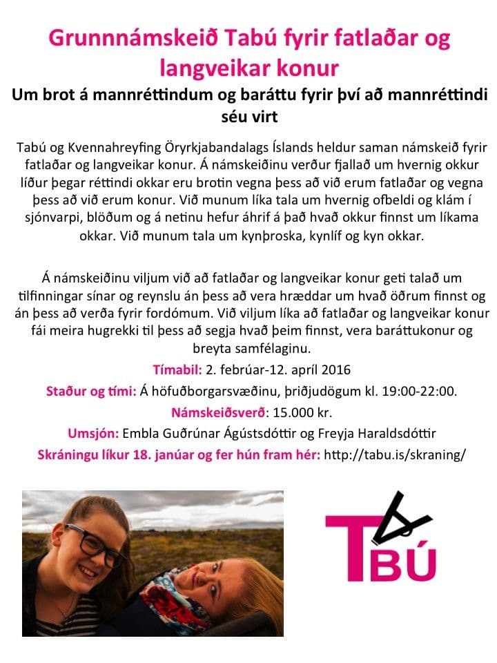 Grunnnámskeið Tabú fyrir fatlaðar og langveikar konur